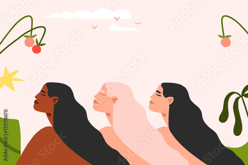 Hand drawn vector abstract modern graphic,clipart illustration of different international women characters in tropical nature.Modern woman mental health design concept. Sisterhood creative design art.