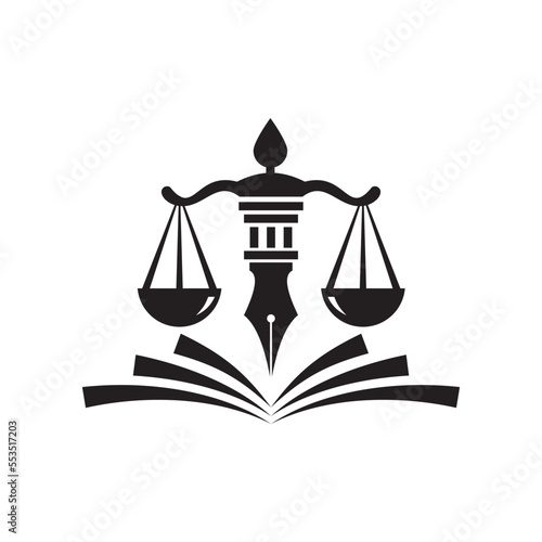 scales of justice , books and pen. dual balance Themis scales of justice on law  pen stand. Mechanical balancing scales, symbol of law and judgment, punishment and truth, measuring. attorney icon.
