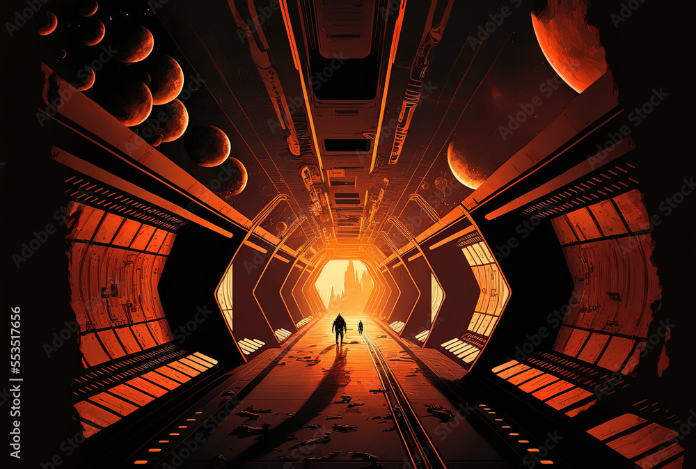 depicts a spacecraft hallway with a brilliant orange and black background. Science fiction example. Generative AI