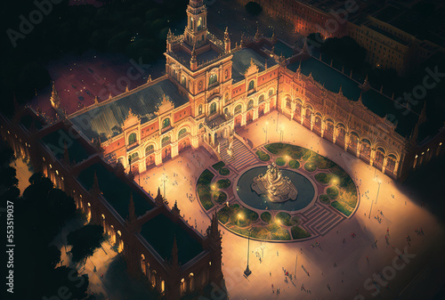 top view of Plaza de Espaa in the evening. Generative AI photo