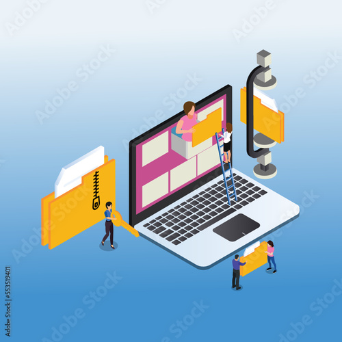 Managing digital files isometric 3d vector illustration concept for banner, website, illustration, landing page, flyer, etc.