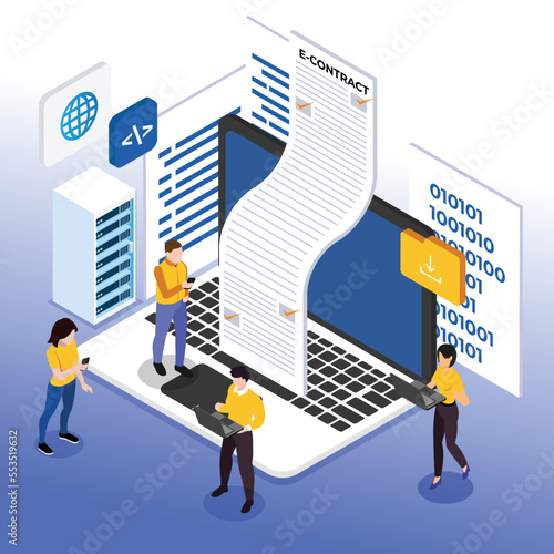 App developer signing e-contract isometric 3d vector illustration concept for banner, website, illustration, landing page, flyer, etc.