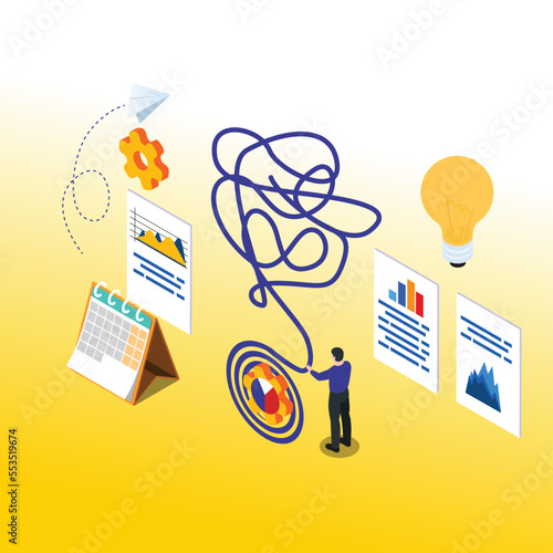 Business strategy untangle difficult and complicated task isometric 3d vector illustration concept for banner, website, illustration, landing page, flyer, etc.