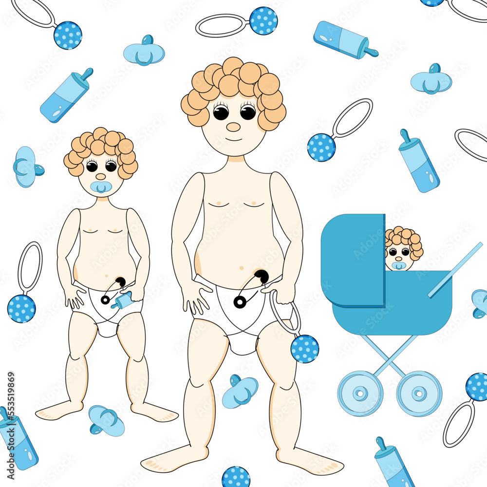 A set with a baby in a diaper, a rattle, a bottle of baby food, a pacifier and a baby stroller. Baby child. A set of young mothers. Elements for the maternity hospital banner. A set with a baby in a diaper, a rattle, a bottle of baby food, a pacifier and a baby stroller. Baby child. A set of young mothers. Elements for the maternity hospital banner.