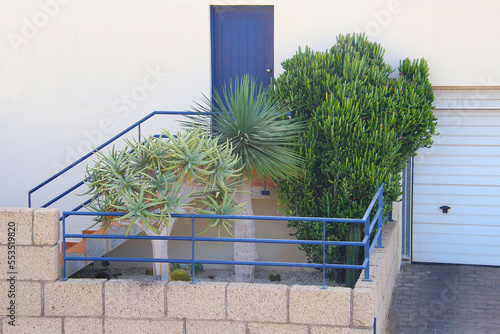 Drought tolerant garden design with succulent plants in small urban front yard (Tenerife, Spain)