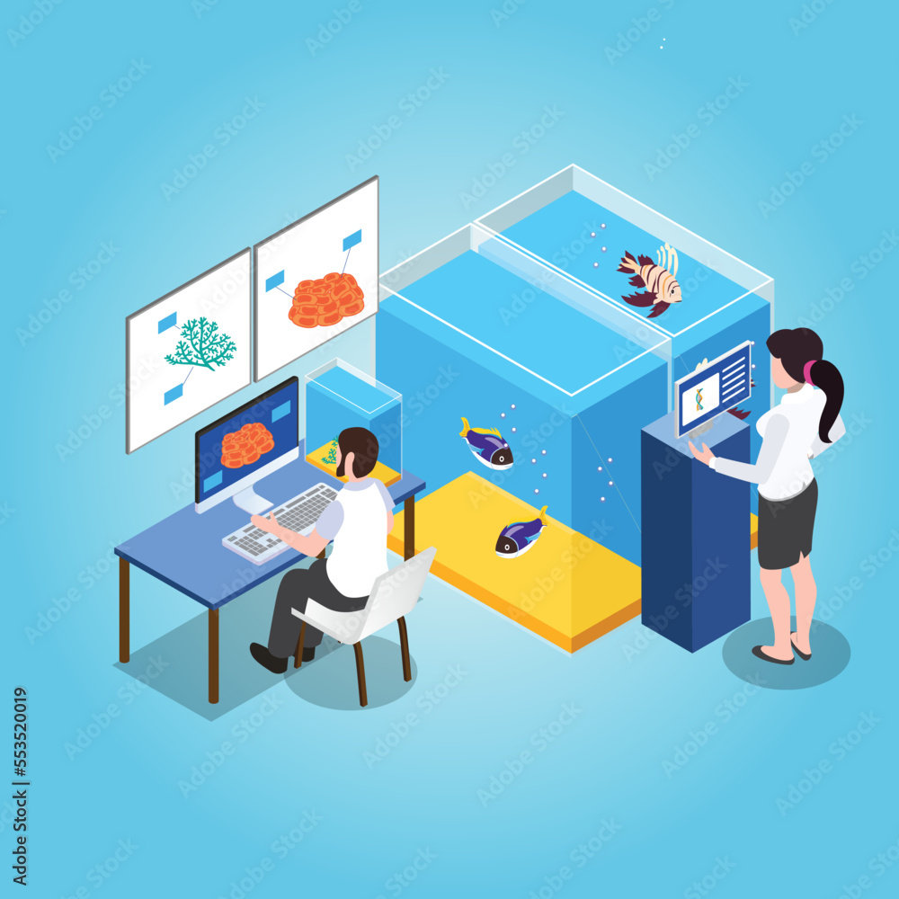 Scientists in the laboratory examine fish and marine life isometric 3d vector illustration concept for banner, website, illustration, landing page, flyer, etc. Scientists in the laboratory examine fish and marine life isometric 3d vector illustration concept for banner, website, illustration, landing page, flyer, etc.