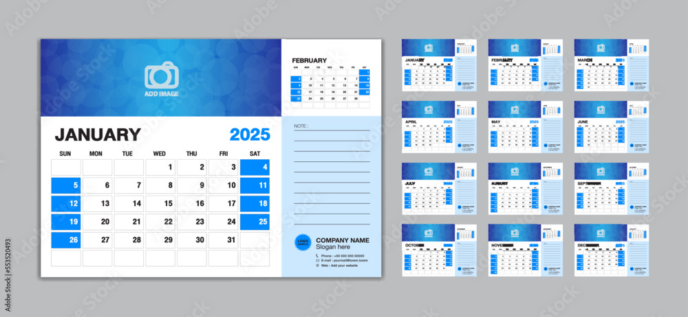 Desk Calendar 2025 template set vector, Week starts Sunday, set of 12 month, creative calendar 2025 year, wall calendar 2025, planner, business template, Stationery, printing media, advertisement Desk Calendar 2025 template set vector, Week starts Sunday, set of 12 month, creative calendar 2025 year, wall calendar 2025, planner, business template, Stationery, printing media, advertisement