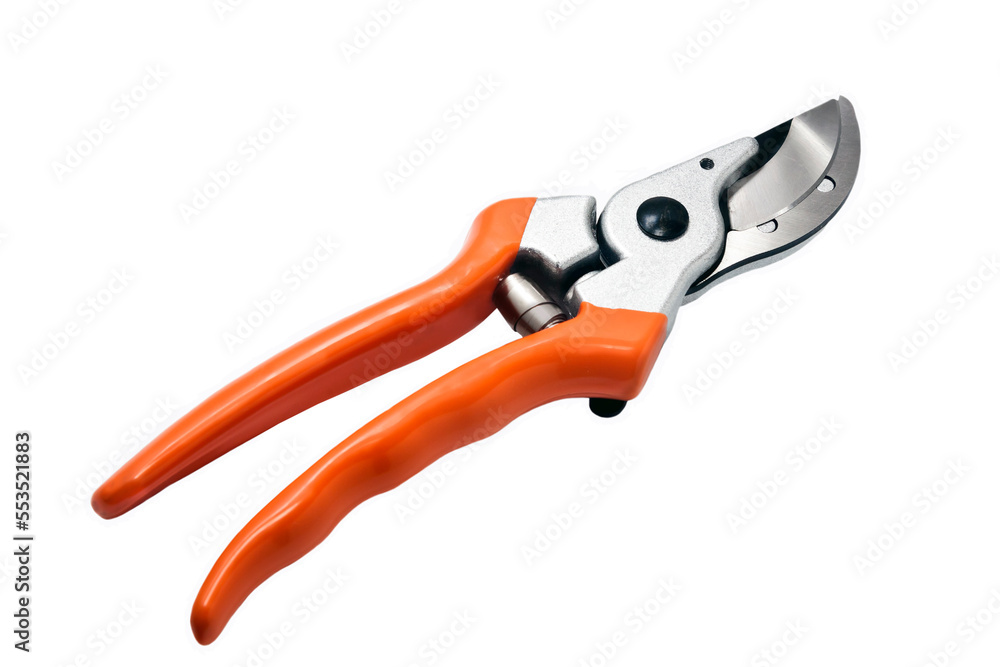 Fototapeta premium The bypass pruner for pruning branches with red handles isolated on white background