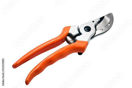 The bypass pruner for pruning branches with red handles isolated on white background