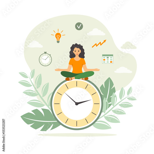 Time management vector illustration. The girl sitting on the clock controls the time of work and tasks. The concept of time management, multitasking, successful organization of tasks and meetings.