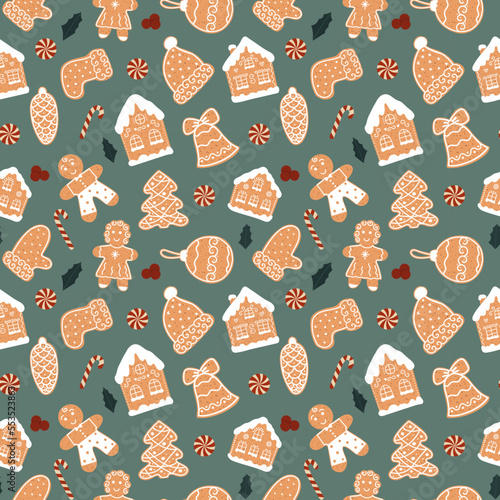 Seamless pattern of christmas gingerbread house cookies, man, bell, ball, lollipop on green background