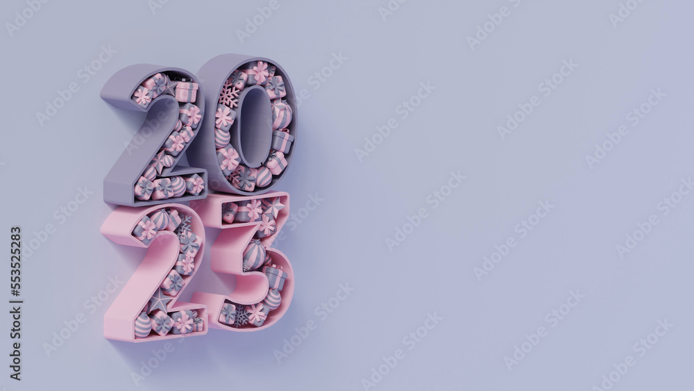 3d Rendering purple and pink 2023 text with decorative items including 3 type of ball, stars, gift boxes, snow flake.
