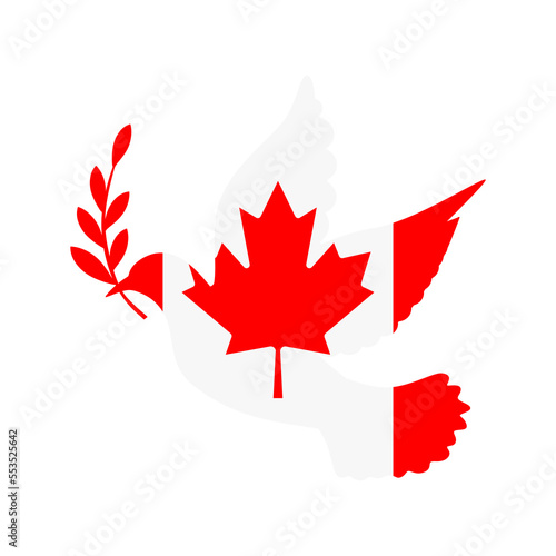 Dove symbol of peace and flag of Canada. Dove with Canada flag color. World support for Canada. Peace symbol isolated. Vector illustration