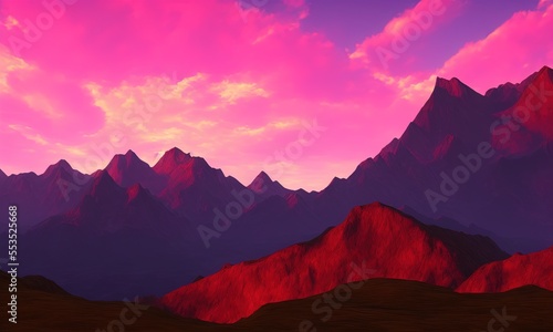 Background - Arcane ruby glow reflecting off the clouds above a mountain range photo