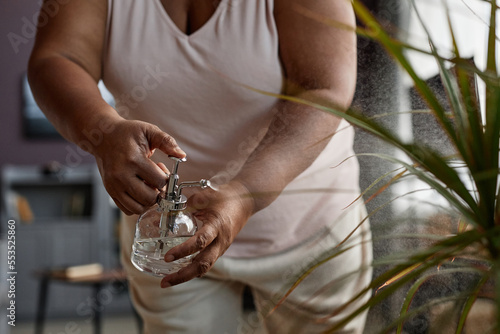 Close up of black woman holding spray bottle while mist watering plants at home, copy space