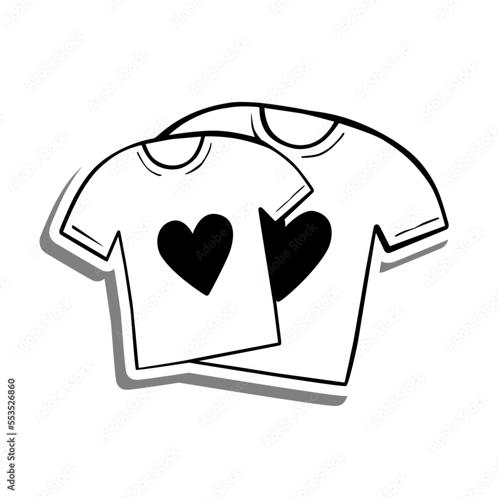 Monochrome Couple Shirt with heart on white silhouette and gray shadow. Vector illustration for decoration or any design.
