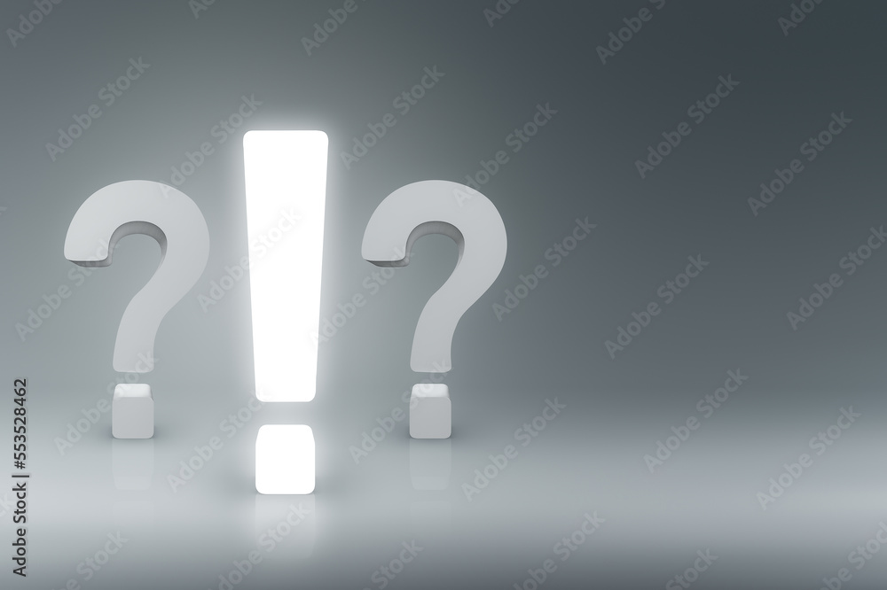 Two question marks and a glowing exclamation point in front of them. Two question marks and a glowing exclamation point in front of them.