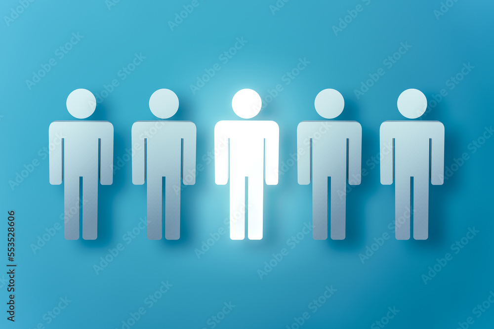 One shining human shape out of five human shapes. One shining human shape out of five human shapes.