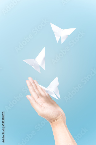 Fototapeta Naklejka Na Ścianę i Meble -  Three paper butterflies are flying over the hand.