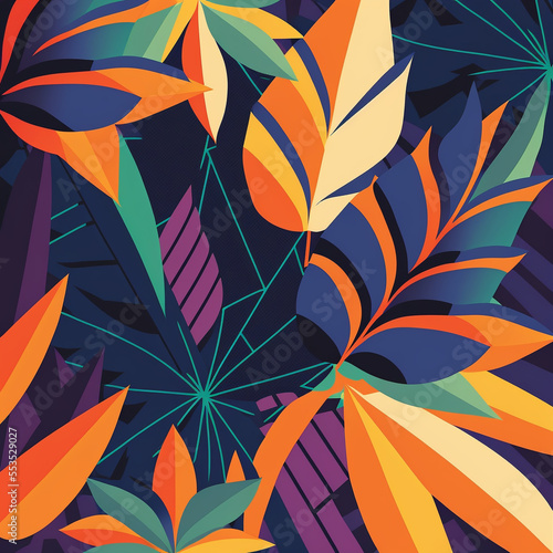 Seamless modern floral pattern on dark background  tropical  vivid colours  with palm leaves. Generative AI.