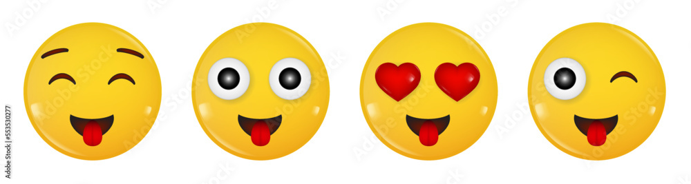Set of smiling Faces With Hearts. Love Emoji. Yellow glossy 3d emotion. Heart-shaped eyes. In love smile. Red hearts. Laughing face showing tongue.  Wink
