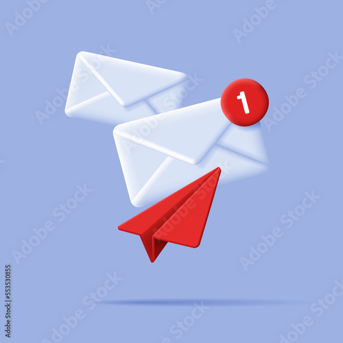 3D Mail Envelope and Paper Plane and Notification Message red circle. 3d render composition
