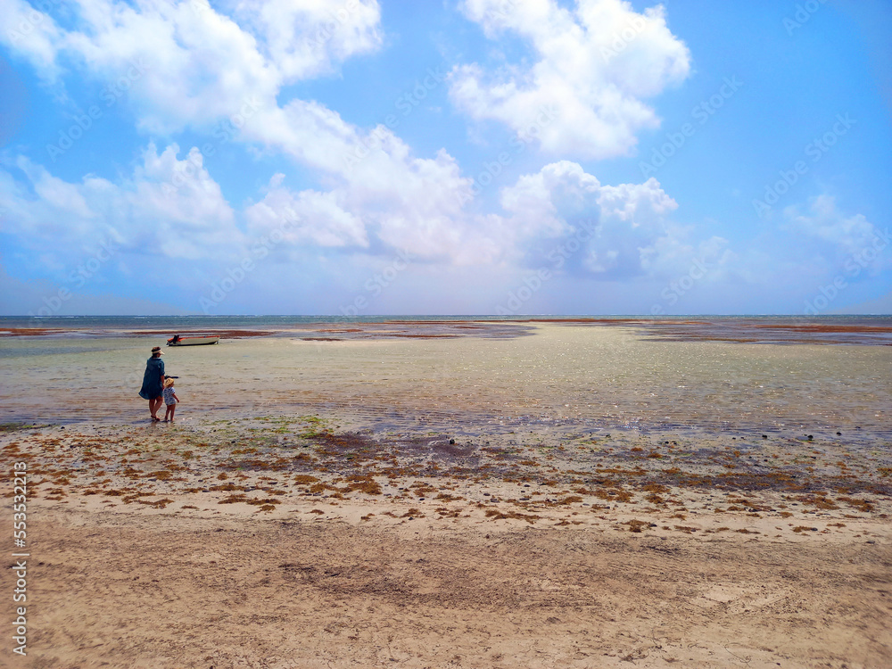 Panorama of the caribbean sea at low tide with tropical clouds and blue sky. Mother and little child look standing on the beach at the tropical coast of the French West Indies.