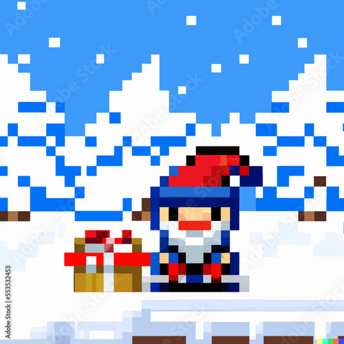 Cute Gnome and Gifts in Snowy Trees Pixel Art created by Generative AI
