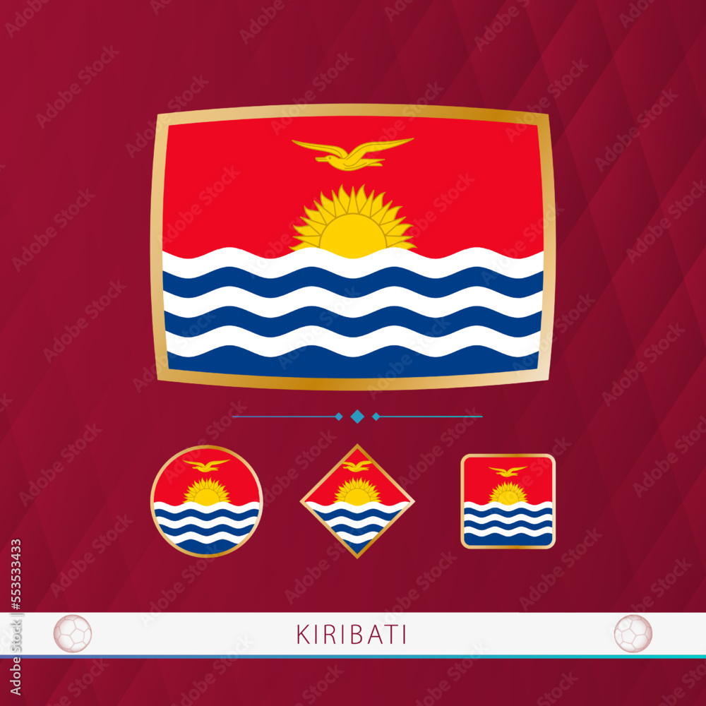 Set of Kiribati flags with gold frame for use at sporting events on a burgundy abstract background.