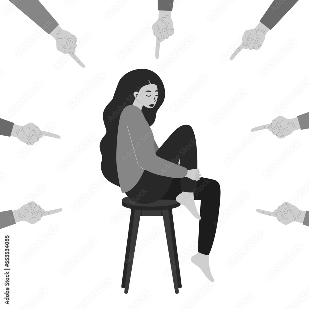 Ταπετσαρία Vector illustration of a depressed young woman surrounded by hands with an index finger pointing at her