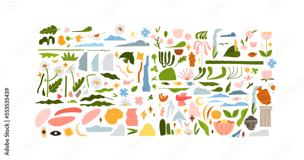 Hand drawn vector abstract clipart illustrations collection set of composition with abstract doodle nature shapes of blossom flowers and tropical leaves elements.Modern nature design concept art.