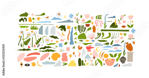 Hand drawn vector abstract clipart illustrations collection set of composition with abstract doodle nature shapes of blossom flowers and tropical leaves elements.Modern nature design concept art.