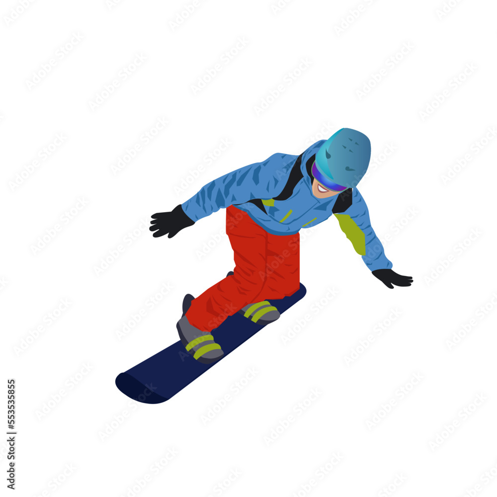 Winter sports. Snowboarder on a white background in winter clothes. Winter postcard icon. Vector illustration