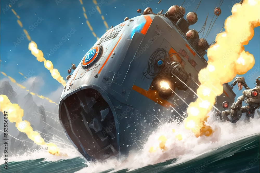 a battleship capsule illustration attacked by sci fi bombs, generative ai technology a battleship capsule illustration attacked by sci fi bombs, generative ai technology