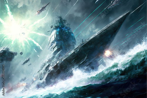 Photographie a scifi future battleship fight scene, modern art, generative ai technology
