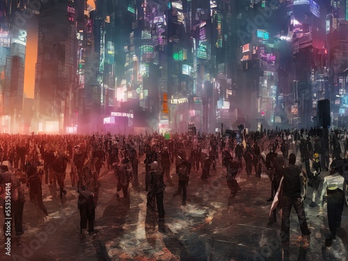 protest people in cyberpunk city