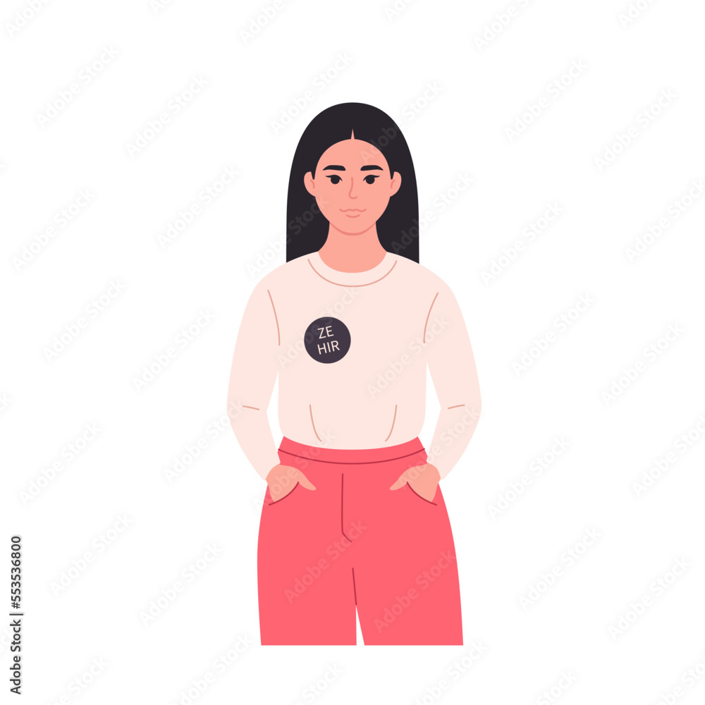Young character with gender pronouns pin. She, he, they, non-binary. Gender-neutral movement. LGBTQ community. Hand drawn vector illustration
