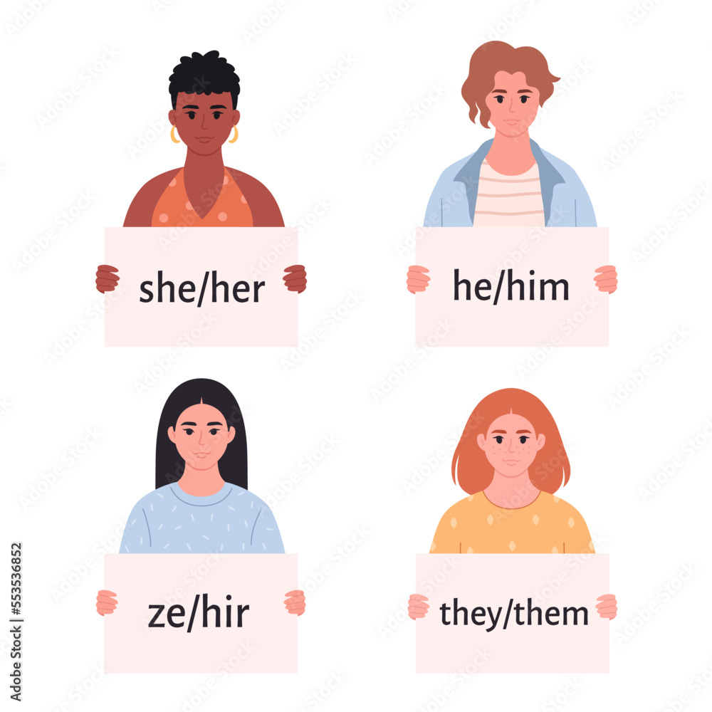 Women holding sign with gender pronouns. She, he, they, ze, nonbinary