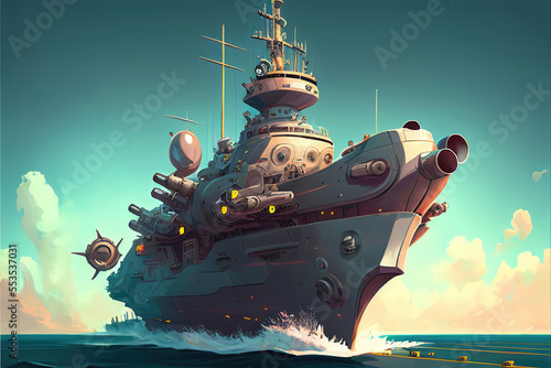 cartoon themed battleship on his way on the ocean, simple art, generative ai technology photo