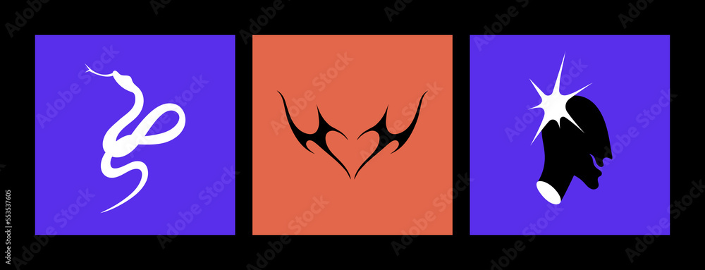 Vector set of Y2k icons or stickers with snake, heart and head Brutalist design tattoo compositions for prints. Vector set of Y2k icons or stickers with snake, heart and head Brutalist design tattoo compositions for prints.