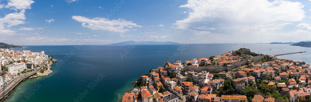 Panoramic aerial view of the city of Kavala, Greece.  Ottoman Castle in the city old town.