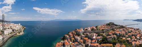 Panoramic aerial view of the city of Kavala, Greece. Ottoman Castle in the city old town.