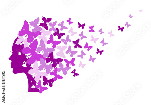 Canvas Print Beautiful woman with flying butterflies in her hair, pink illustration over a tr