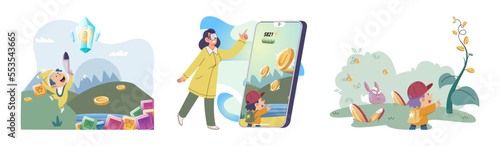 Play to earn, video games in which player can receive rewards with real value, blockchain projects. Cyber cartoon characters playing games to earn cryptocurrencies, trying to find money and power ups