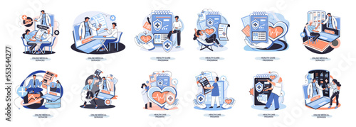 Mobile medicine mhealth online doctor, online medical services, health care program, talk to doctor from anywhere. Smartphone with medical application. Digital health and medical consultation metaphor