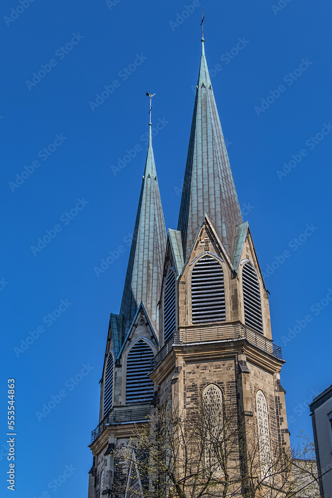 The three-aisled basilica of the Conception of St. Mary (or Marienkirche), with a two-tower facade, was built in 1894–1896. DUSSELDORF, GERMANY.