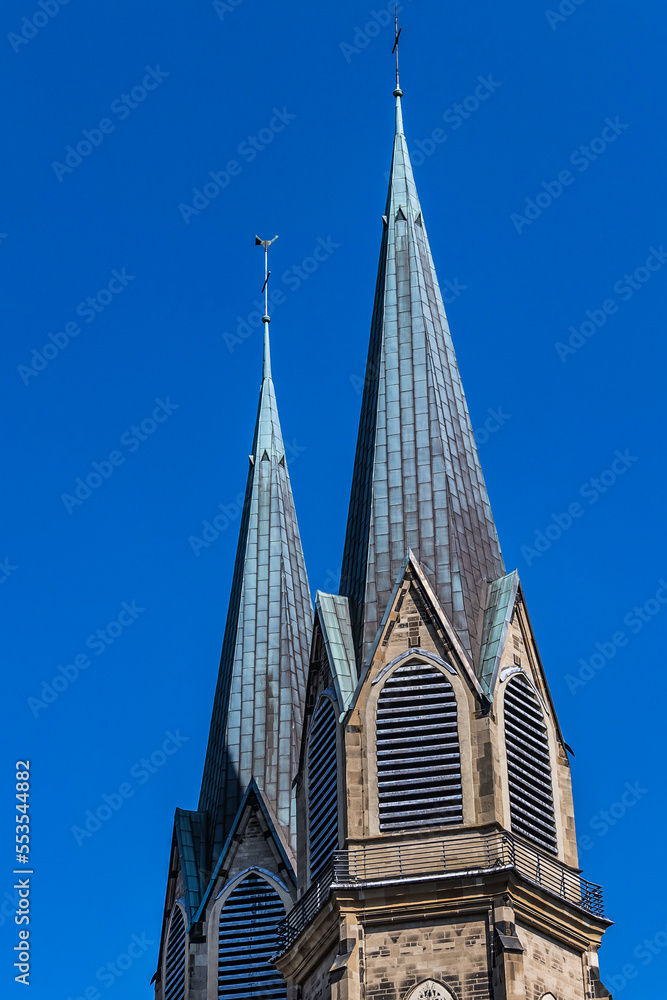 The three-aisled basilica of the Conception of St. Mary (or Marienkirche), with a two-tower facade, was built in 1894–1896. DUSSELDORF, GERMANY. The three-aisled basilica of the Conception of St. Mary (or Marienkirche), with a two-tower facade, was built in 1894–1896. DUSSELDORF, GERMANY.