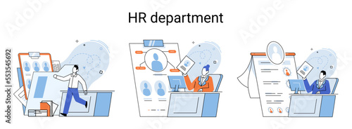HR department work scenes set, qualified employee responsible for formation of human resources in organization. Specialist engaged in selection, adaptation, dismissal, development of personnel