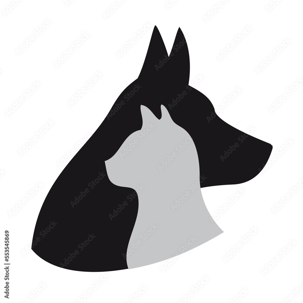 Cat and dog head silhouettes, pet love concept, illustration over a