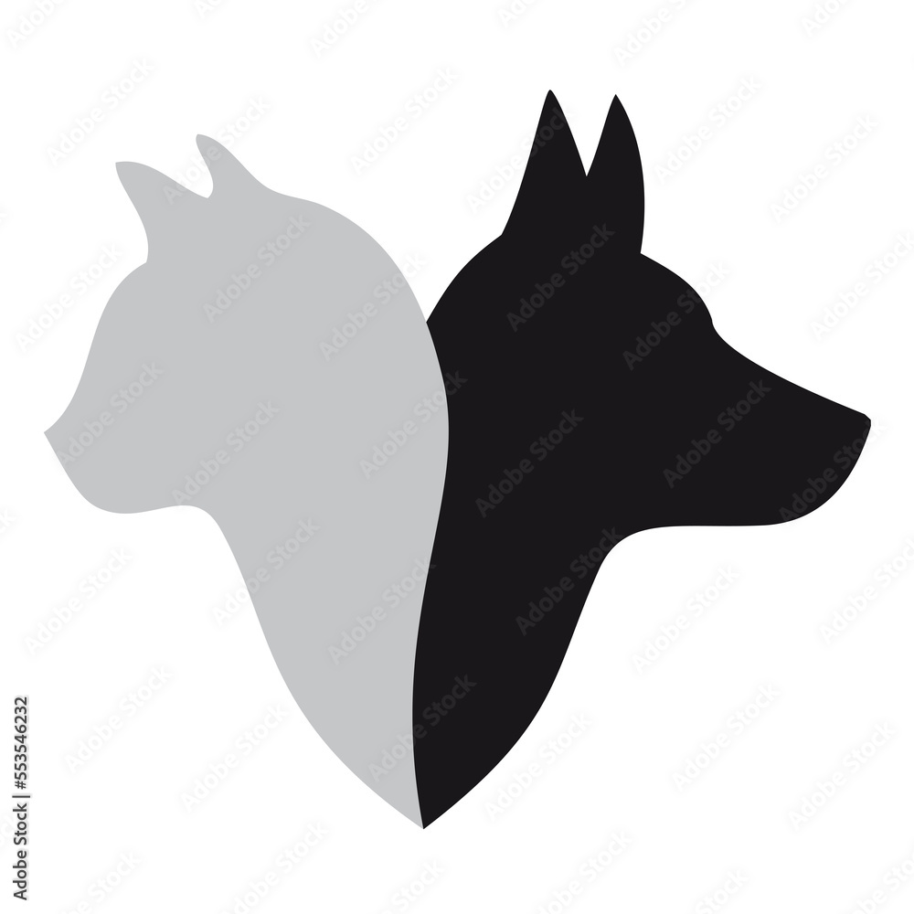 Cat and dog head silhouettes, pet love concept, illustration over a transparent background, PNG image
